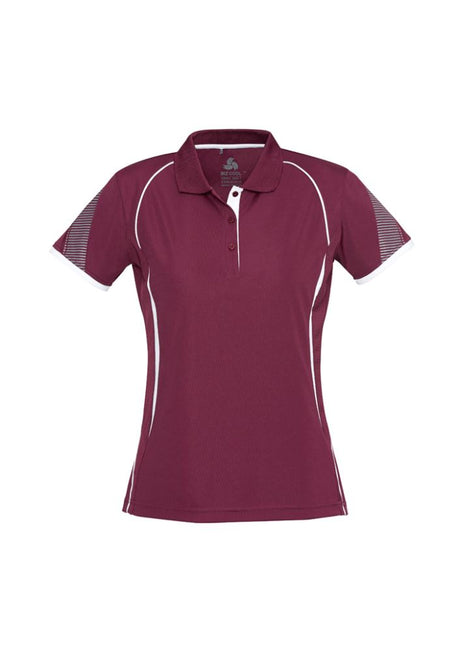 Ladies Razor Polo in Maroon/White, Size 22, featuring breathable mesh, stylish contrast designs, and UPF protection.