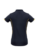 Navy and gold Ladies Razor Polo, size 20, featuring breathable mesh, stylish collar, and unique sleeve print for active wear.