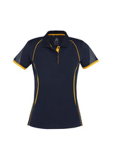 Navy and gold ladies polo, size 8, featuring breathable mesh, unique sleeve print, and stylish contrast details.