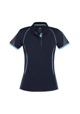 Stylish Navy/Sky Ladies Razor Polo, Size 16, featuring breathable mesh, UPF protection, and unique sleeve print from Biz Collection.