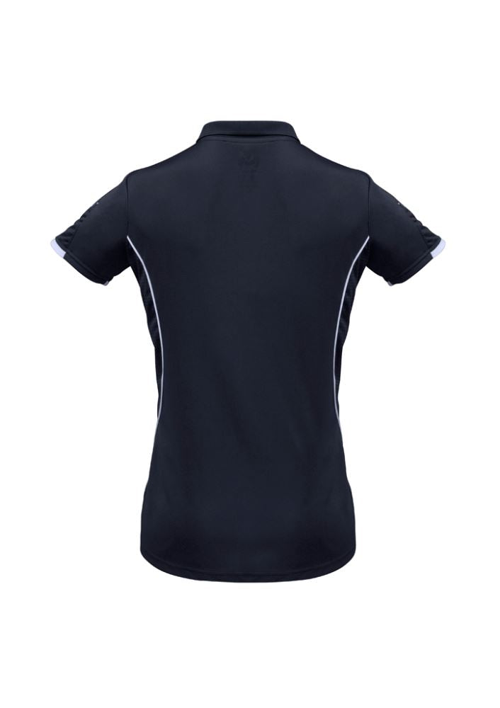Navy and white Ladies Razor Polo, Size 14, featuring breathable mesh panels and a stylish knitted collar.