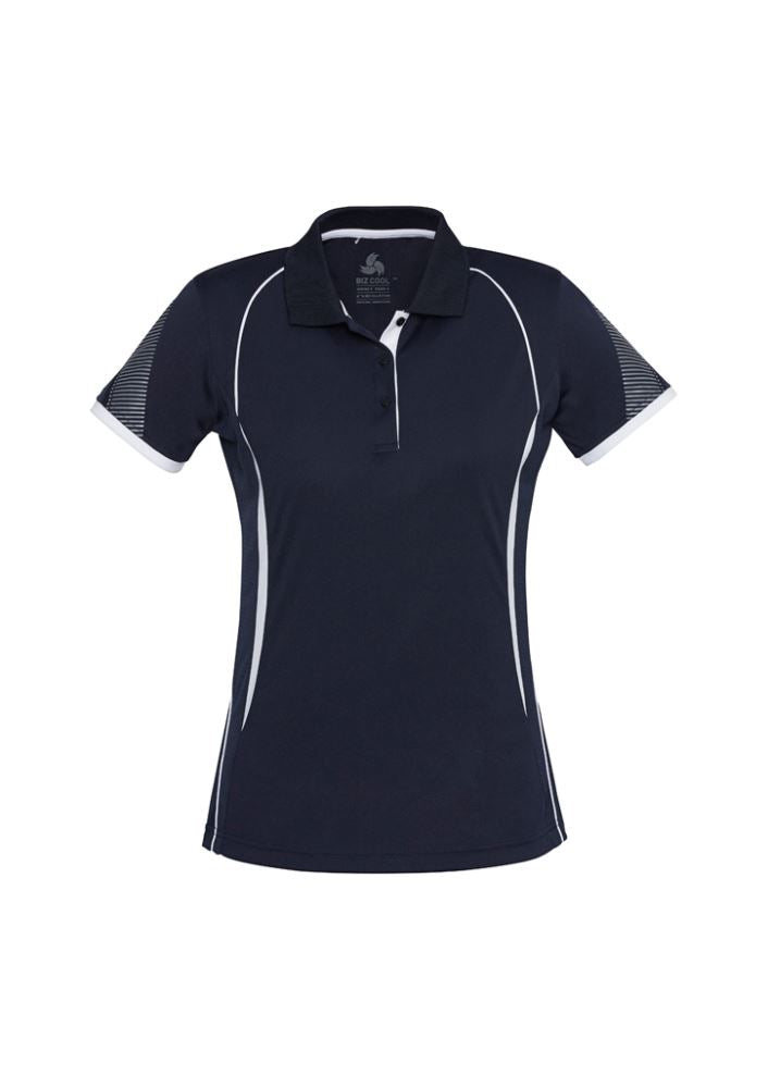 Ladies Razor Polo in navy and white, size 20, features breathable mesh panels and unique sleeve prints for style and comfort.