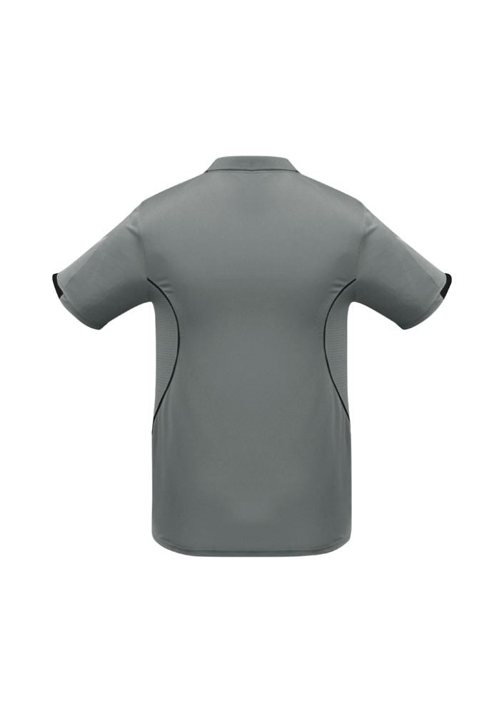 Men's Razor Polo in Ash/Black, Size M, features breathable grid mesh, unique sleeve print, and a convenient pocket for essentials.