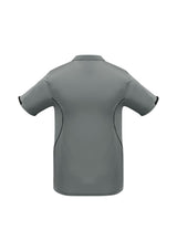 Kids Razor Polo in Ash and Black, featuring breathable mesh panels, unique sleeve print, and stylish knitted collar for active youngsters.