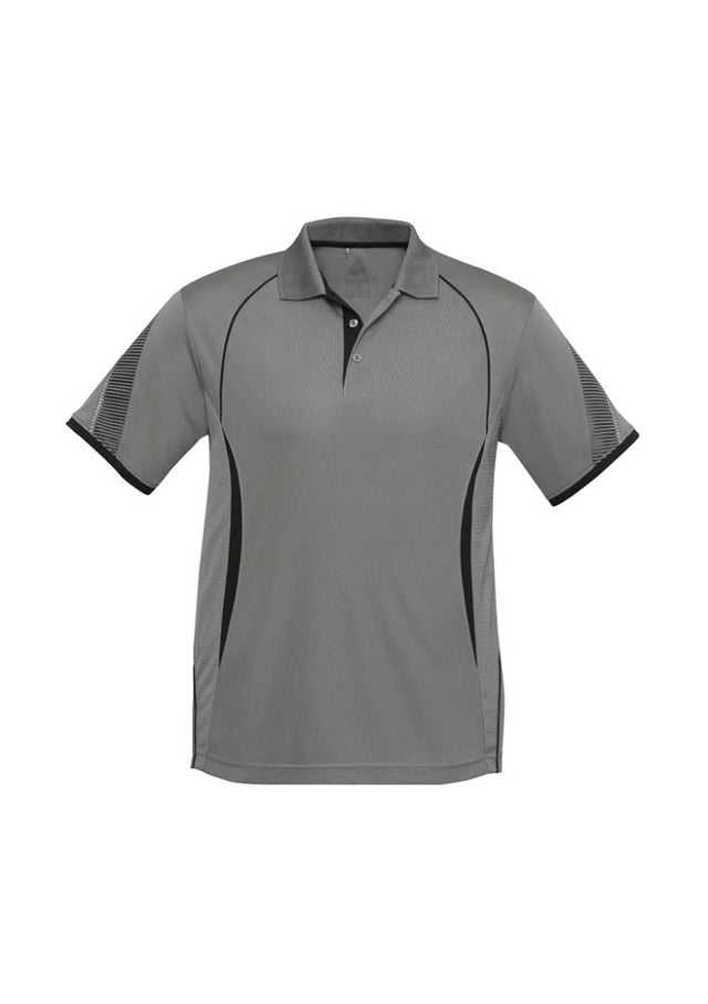 Men's Razor Polo in Ash/Black, Size M - stylish, breathable sportswear with grid mesh panels and unique sleeve print.