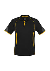 Men's Razor Polo in black and gold, size M, featuring breathable mesh panels and stylish design details for casual wear.