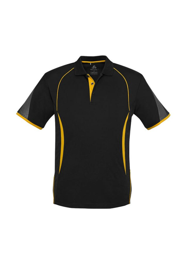 Men's Razor Polo in black and gold, size M, featuring breathable mesh panels and stylish design details for casual wear.