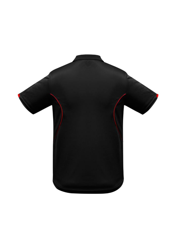 Men's Razor Polo in black and red, size M, featuring breathable mesh panels and a stylish knitted collar for active wear.