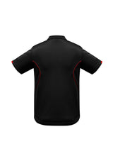 Men's Razor Polo in black and red, size M, featuring breathable mesh panels and a stylish knitted collar for active wear.