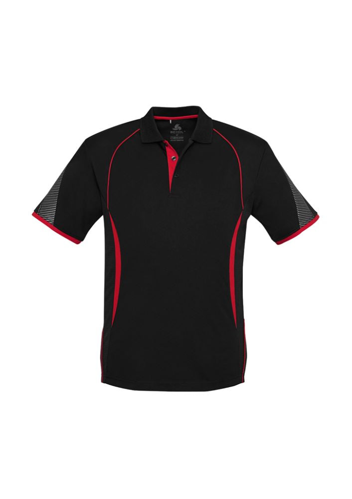 Men's Razor Polo in Black/Red, size M, features breathable mesh panels, unique sleeve print, and a stylish knitted collar.