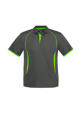 Kids Razor Polo in grey and fluoro lime, size 8, featuring breathable fabric, unique sleeve print, and stylish contrast details.