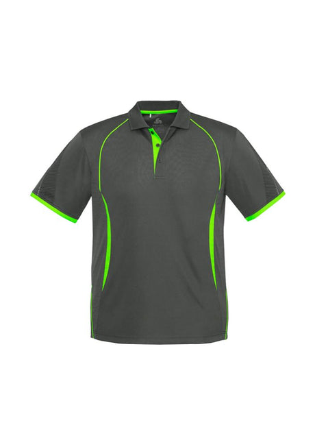 Kids Razor Polo in grey and fluoro lime, size 8, featuring breathable fabric, unique sleeve print, and stylish contrast details.
