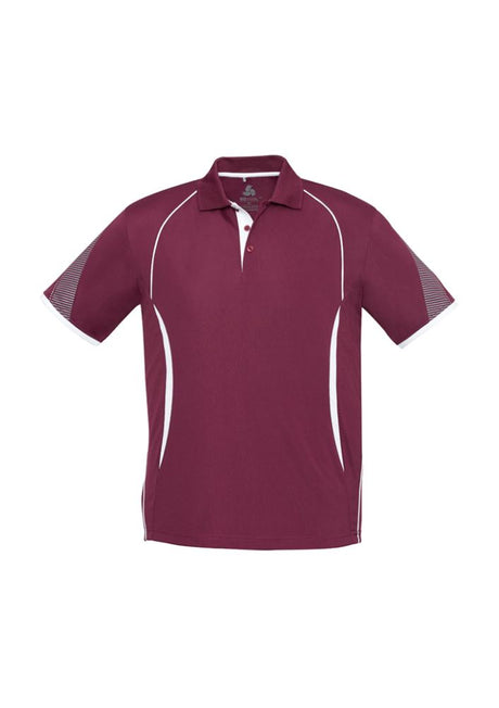 Kids Razor Polo in maroon and white, Size 4, featuring breathable fabric, UPF protection, and stylish unique sleeve print.