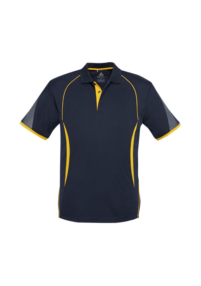 Navy/Gold Kids Razor Polo, Size 6, featuring breathable mesh, modern print, and stylish knitted collar for active comfort.