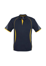 Kids Razor Polo in Navy and Gold, Size 4, featuring breathable mesh, unique sleeve print, and sun protection for active play.
