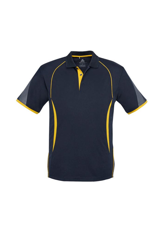 Kids Razor Polo in Navy and Gold, Size 4, featuring breathable mesh, unique sleeve print, and sun protection for active play.
