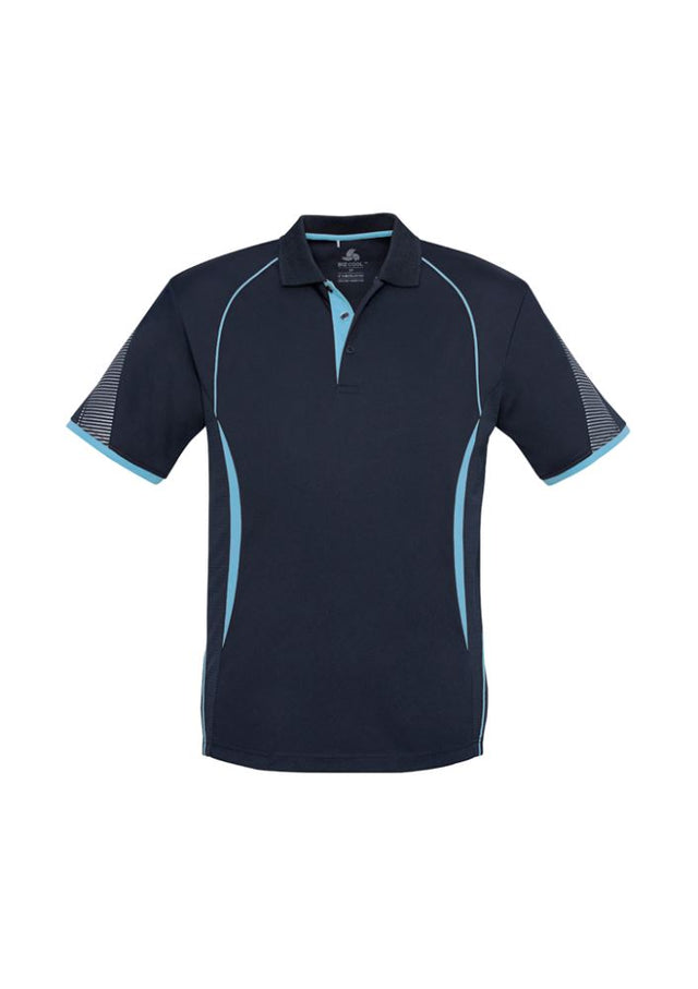Men's Razor Polo in Navy/Sky, Size S, featuring breathable mesh, stylish prints, and UPF protection for comfort and style.