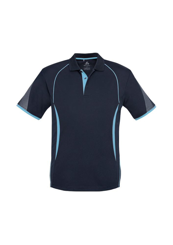 Kids Razor Polo in Navy/Sky, size 16, featuring breathable fabric, grid mesh panels, and unique sleeve print for active kids.