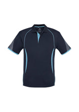Kids Razor Polo in Navy/Sky, size 16, featuring breathable fabric, grid mesh panels, and unique sleeve print for active kids.