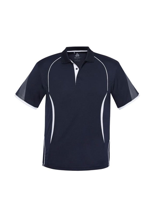 Kids Razor Polo in navy and white, size 4, featuring breathable mesh panels, stylish prints, and sun protection for active play.