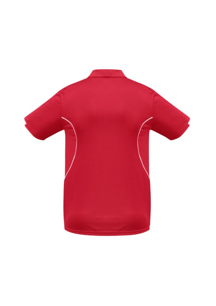 Men's 2XL Razor Polo in red and white, featuring breathable mesh, unique sleeve print, and a practical loose pocket.