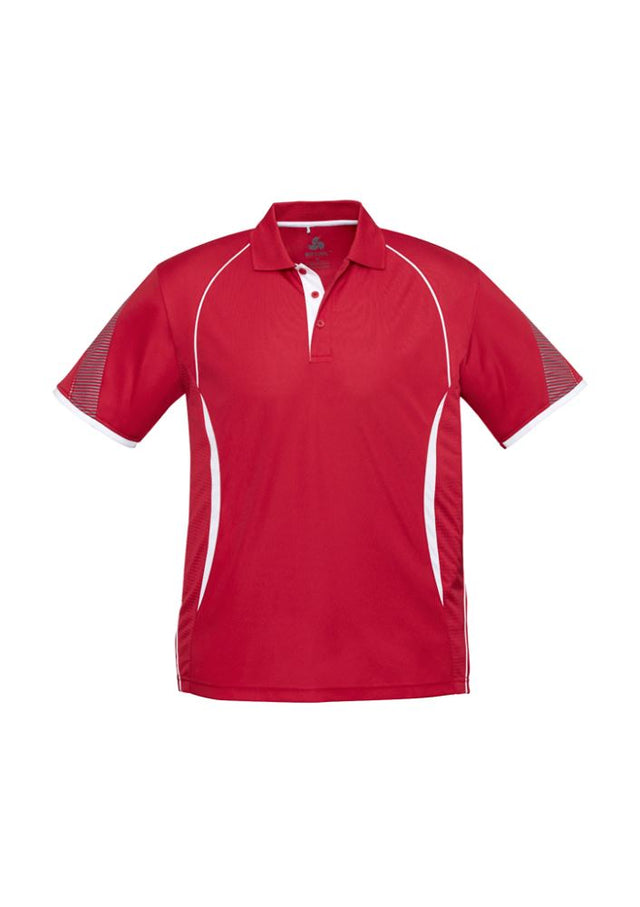 Men's Razor Polo in Red and White, Size XL, featuring breathable fabric, UPF protection, and stylish design with contrast details.