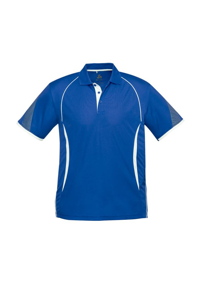 Kids Razor Polo in vibrant Royal/White, size 10, featuring breathable fabric, unique sleeve print, and sporty design elements.