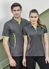 Ladies Razor Polo in black and red, Size 14, features breathable mesh, unique sleeve print, and stylish contrast details.