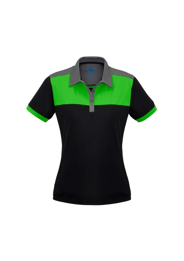 Ladies Charger Polo in Black/Green/Grey, Size 10; breathable, lightweight, antibacterial, stylish with contrast panels.