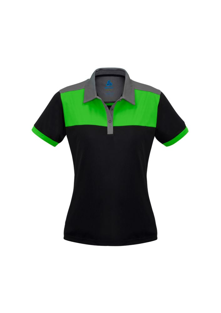Ladies Charger Polo in Black, Green, and Grey, size 16, featuring breathable fabric, UPF protection, and stylish contrast panels.