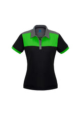 Ladies Charger Polo in Black, Green, and Grey, size 16, featuring breathable fabric, UPF protection, and stylish contrast panels.