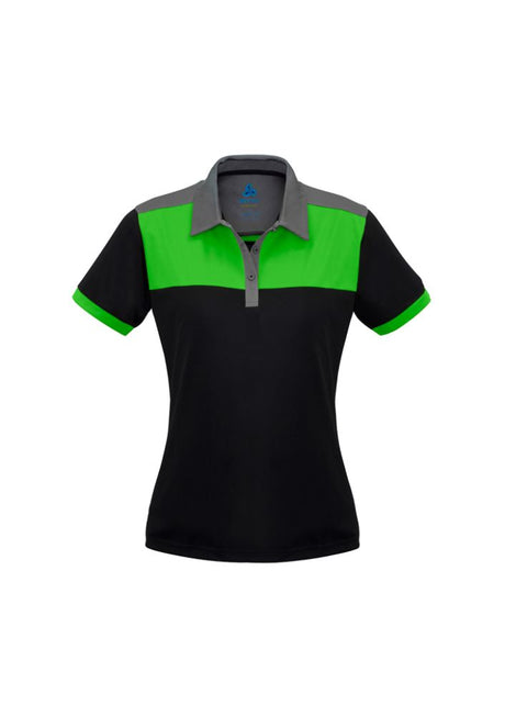 Ladies Charger Polo in Black, Green, and Grey, size 24, featuring lightweight, antibacterial fabric and a stylish design.