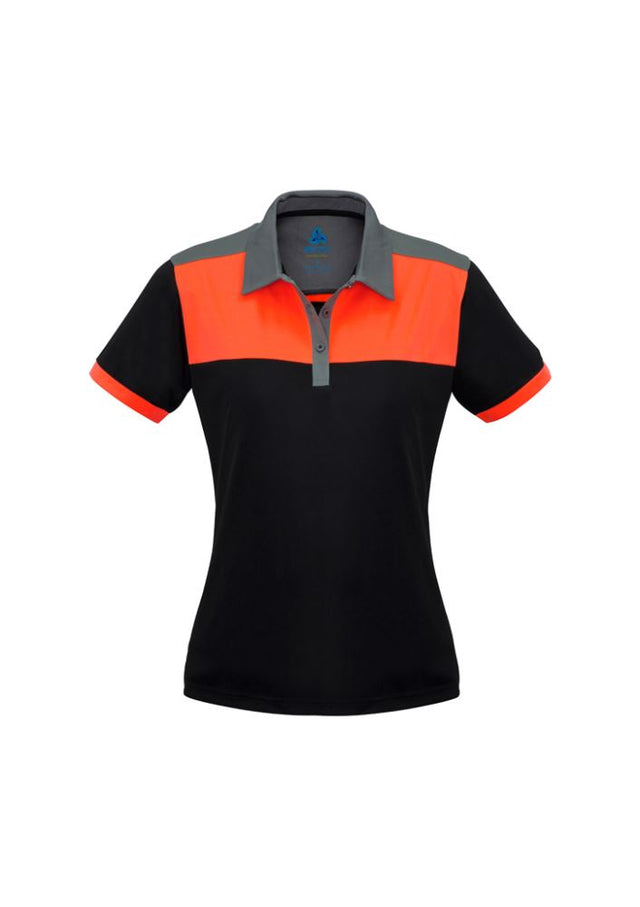 Ladies Charger Polo in Black, Fluoro Orange, and Grey, size 16, featuring breathable fabric, antibacterial treatment, and stylish contrast panels.
