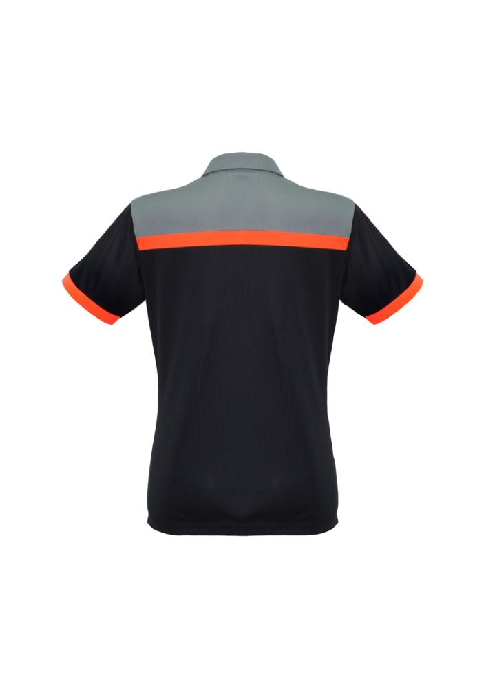 Ladies Charger Polo in black, fluoro orange, and grey, size 20, featuring lightweight fabric and excellent sun protection.
