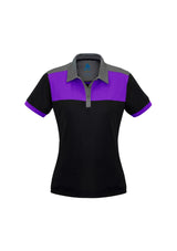 Ladies Charger Polo in Black/Purple/Grey, size 16, featuring breathable fabric, UPF protection, and odor-resistance.