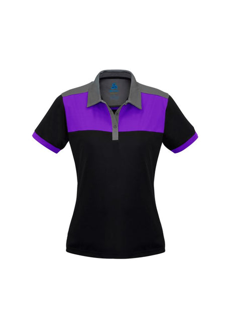 Ladies Charger Polo in Black/Purple/Grey, size 16, featuring breathable fabric, UPF protection, and odor-resistance.