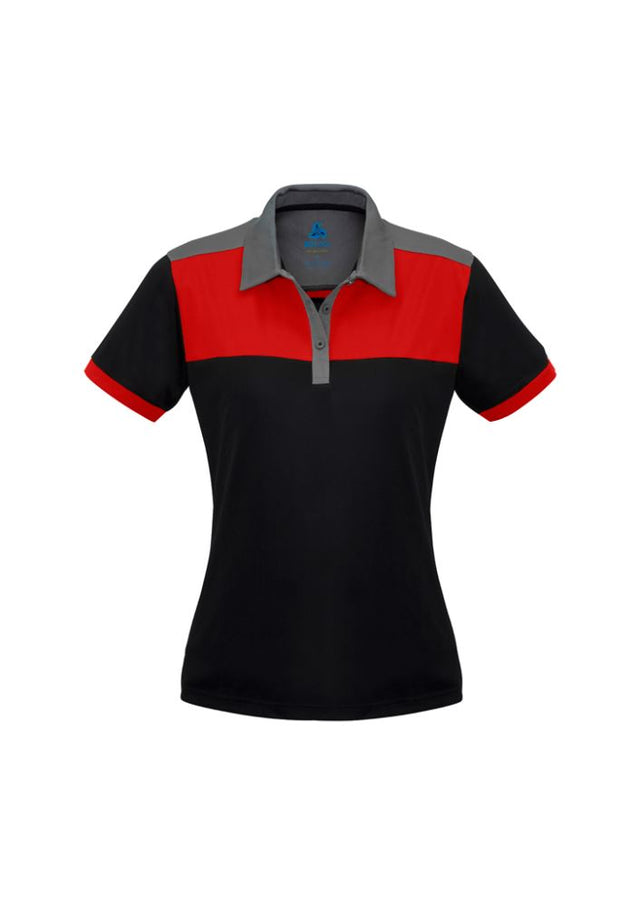 Ladies Charger Polo in Black, Red, and Grey, Size 8, made from moisture-wicking BIZ COOL™ fabric with a stylish design.