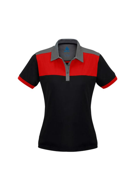 Ladies Charger Polo in Black/Red/Grey, size 18, featuring lightweight, breathable fabric with antibacterial treatment and stylish contrast panels.