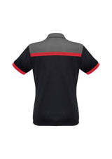 Ladies Charger Polo in Black, Red, and Grey; size 14, breathable fabric with UPF protection and antibacterial treatment.