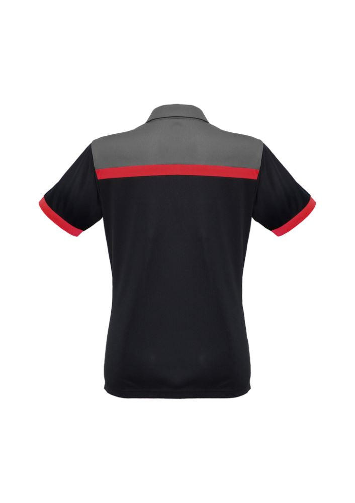 Black, red, and grey Ladies Charger Polo in size 18, featuring breathable UPF protection and antibacterial fabric for activewear.