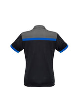 Ladies Charger Polo in Black, Royal, and Grey, size 14; lightweight, breathable fabric with UPF protection and antibacterial treatment.