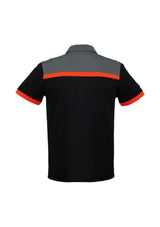 Men's Charger Polo in black, fluoro orange, and grey, featuring moisture-wicking fabric, UPF protection, and a sporty design.
