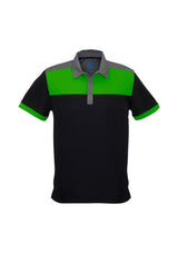 Mens Charger Polo in Black/Green/Grey, 2XL, features antibacterial fabric, UPF protection, and a stylish design with a pocket.