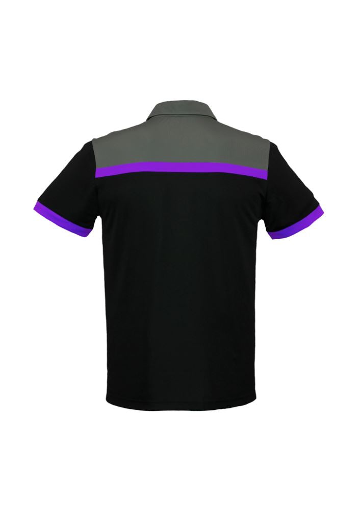 Men's Charger Polo in Black/Purple/Grey, Size S, features antibacterial fabric, UPF protection, and stylish contrast panels.