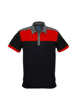 Mens Charger Polo in Black/Red/Grey, Size S, made from breathable polyester with antibacterial fabric and modern contrast panels.