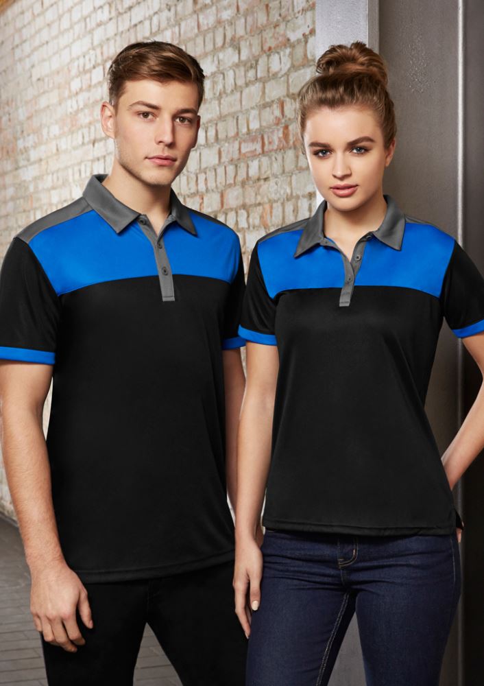 Men's Charger Polo in Black, Fluoro Orange, and Grey with breathable fabric, UPF protection, and antibacterial treatment, size 2XL.