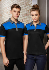 Men's Charger Polo in Black, Fluoro Orange, and Grey with breathable fabric, UPF protection, and antibacterial treatment, size 2XL.
