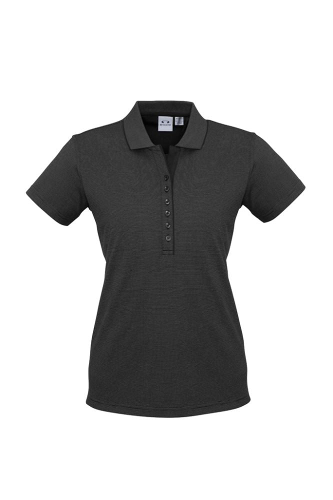 Ladies Shadow Polo in Graphite Black, Size 16, featuring soft stripe pattern, Y-line placket, and sleek collar for casual elegance.