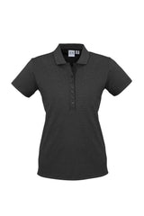 Ladies Shadow Polo in Graphite Black, Size 16, featuring soft stripe pattern, Y-line placket, and sleek collar for casual elegance.