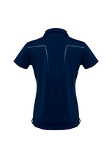 Ladies Cyber Polo in navy/silver, size 20, featuring lightweight fabric, UPF protection, and a stylish contrast print design.